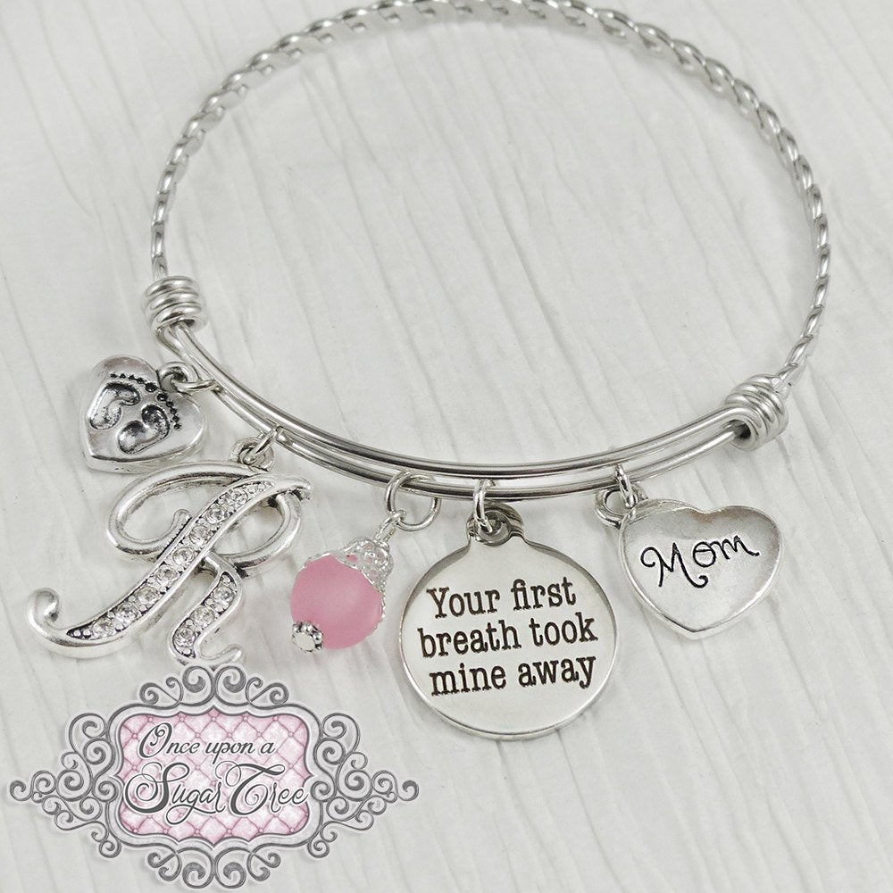 New Mom Gift- Jewelry-Your first breath took mine away-Personalized Bangle Bracelet-Push present for mom,Baby Footprint charm,Charm Bracelet