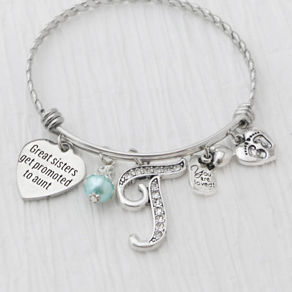 NEW AUNT GIFT, Birthday Gift, Bangle Bracelet,Great Sisters Get Promoted to Aunt,Personalized Bangle- Footprint Charm,Pregnancy Announcement