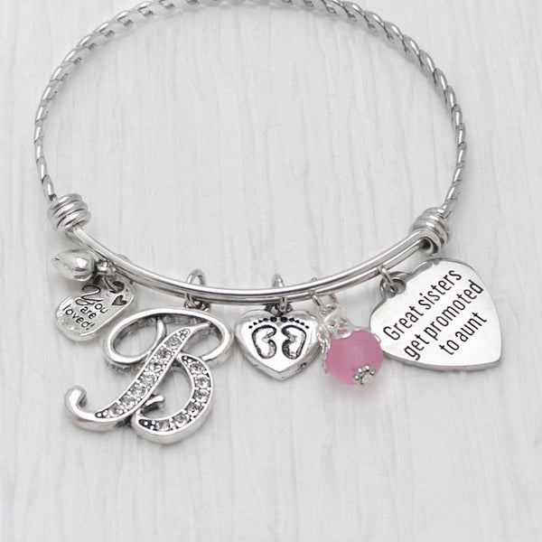 Aunt Bracelet, New Aunt Gift, Bangle Bracelet,Great Sisters Get Promoted to Aunt,Personalized Bangle- Footprint Charm,Pregnancy Reveal Gifts