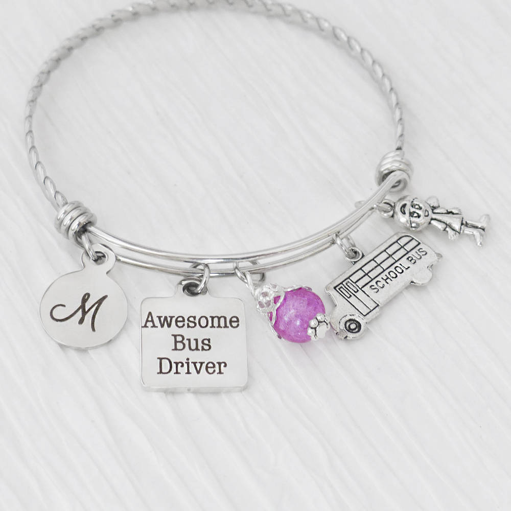BUS DRIVER Gifts, Bangle Bracelet- Awesome Bus Driver, Teacher Appreciation Gift-Thank you Gift, Bus Charm Bracelet, Gifts for Bus Driver
