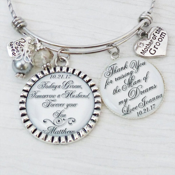 Mother of the Groom Bracelet - Personalized BANGLE Bracelet - Gift from Bride and Groom -Thank You Wedding Parent Gifts - Wedding Keepsake