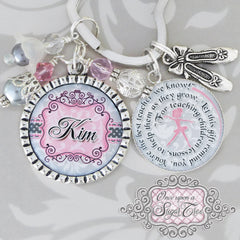 personalized ballet teacher gift keychain with inspirational quote on side pendant pink and grey with slippers charm and coordinating beads,