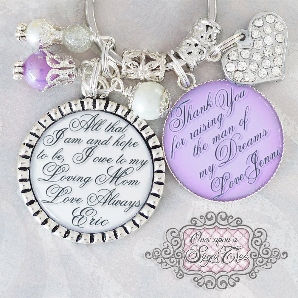 PERSONALIZED Mother of the GROOM Gift, WEDDING Keychain (or necklace) Inspirational Quote, Gift from Bride, Gift from Groom, Purple White