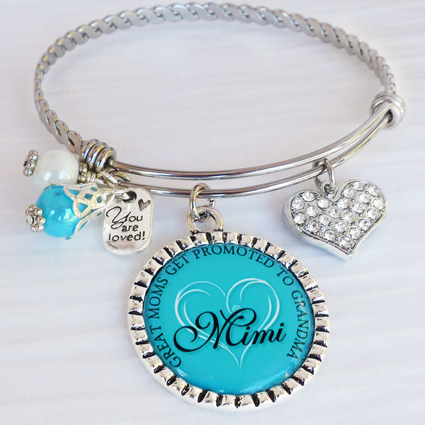 New Grandma Gift, Great Moms Get Promoted to Grandma Bracelet- Personalized Bangle Bracelet for Mimi, Mother's Day Jewelry